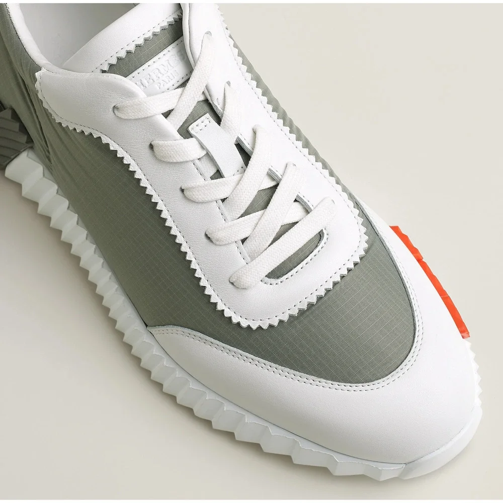 Hermes Mens Bouncing Sneaker Etoupe Blanc White Grey H Logo Lace Up Flat 44 11 - Picture 10 of 16